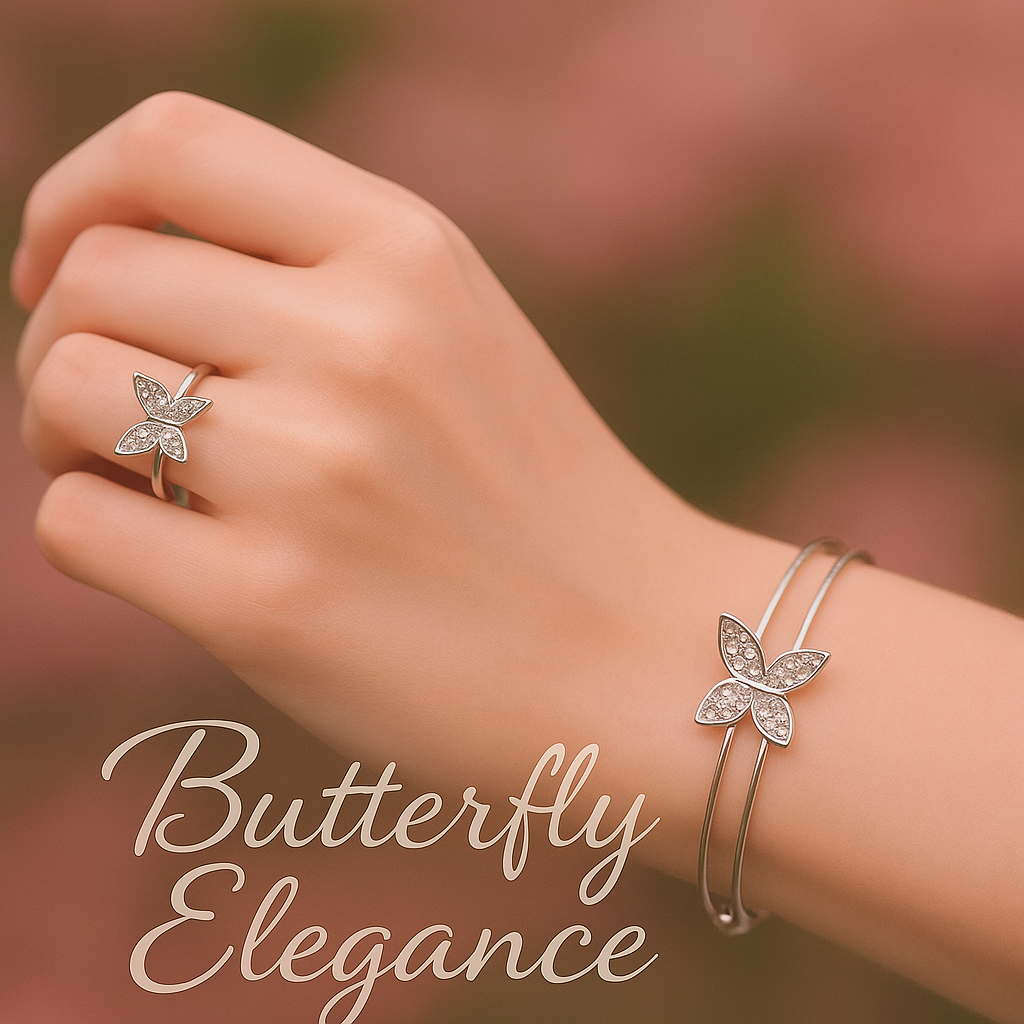 Butterfly Moissanite Jewelry Set – Sterling Silver Necklace, Bracelet, Earrings & Ring • Adjustable Gift for Women • Symbol of Transformation