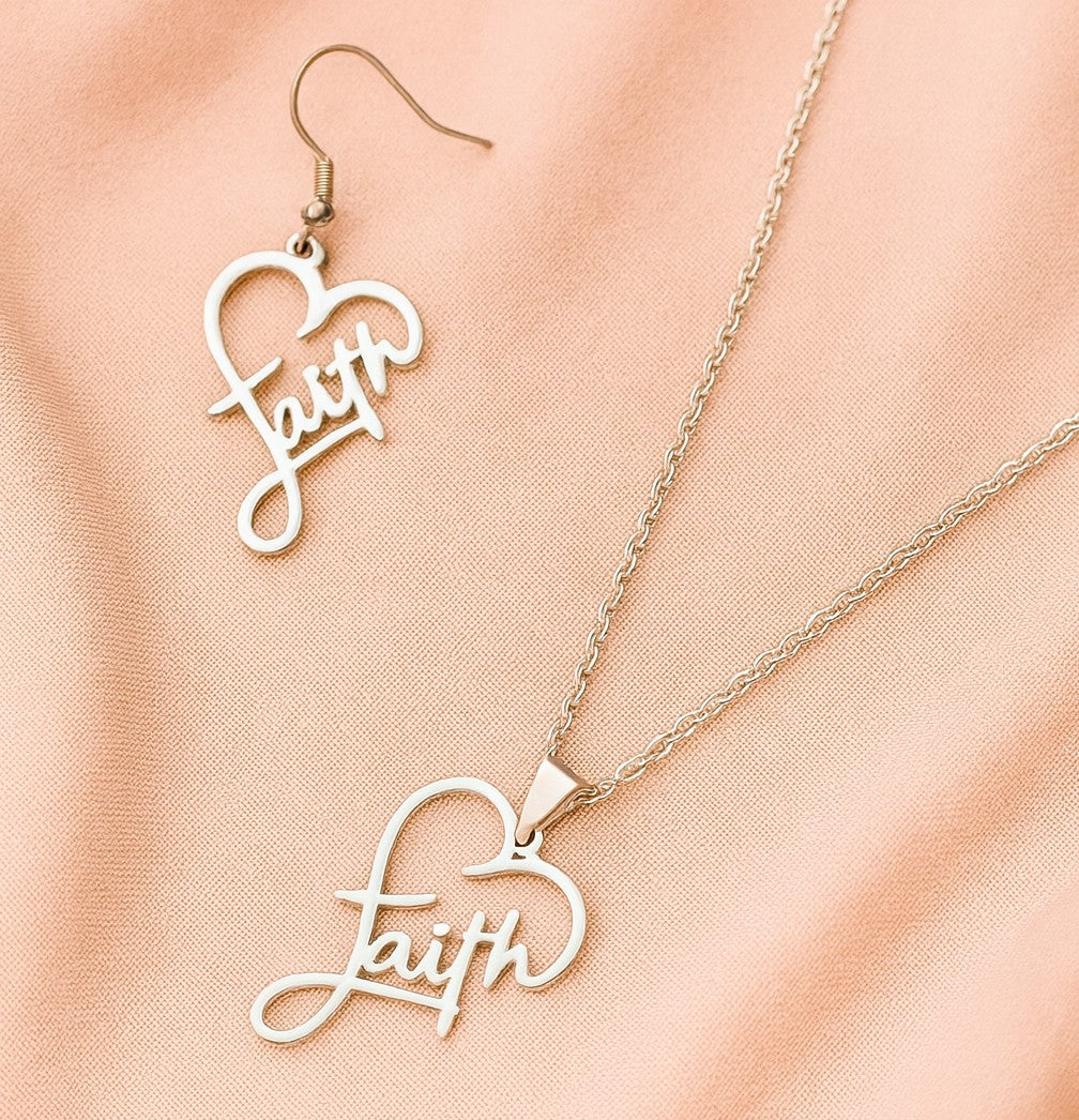 Faith Jewelry Set – Heart Pendant Necklace, Bracelet & Earrings • Stainless Steel Inspirational Gift for Women • Elegant Boutique Keepsake