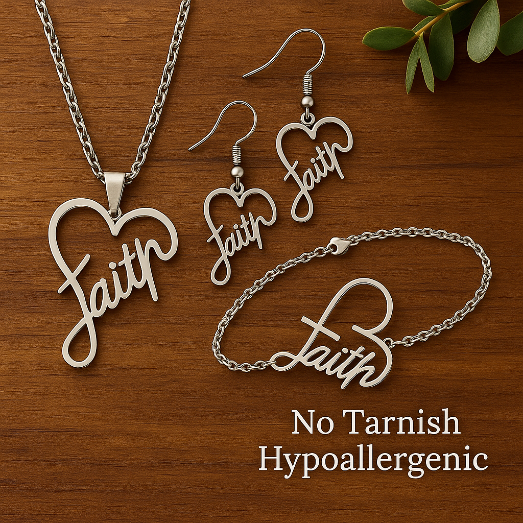 Faith Jewelry Set – Heart Pendant Necklace, Bracelet & Earrings • Stainless Steel Inspirational Gift for Women • Elegant Boutique Keepsake