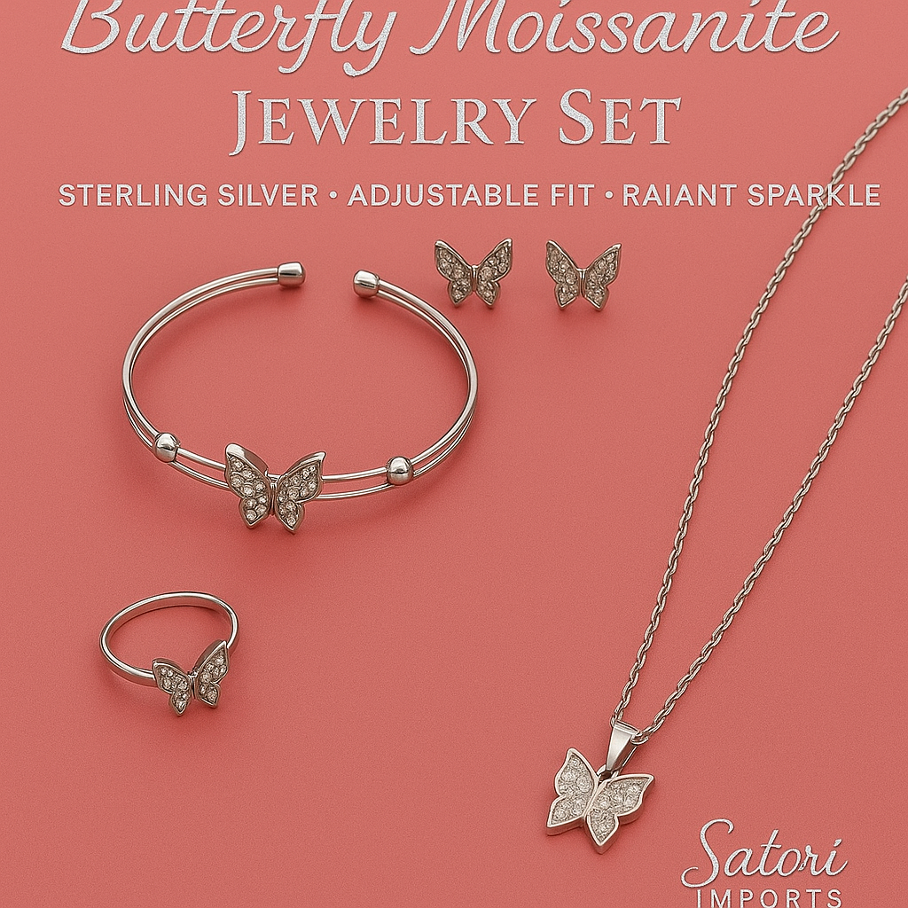 Butterfly Moissanite Jewelry Set – Sterling Silver Necklace, Bracelet, Earrings & Ring • Adjustable Gift for Women • Symbol of Transformation