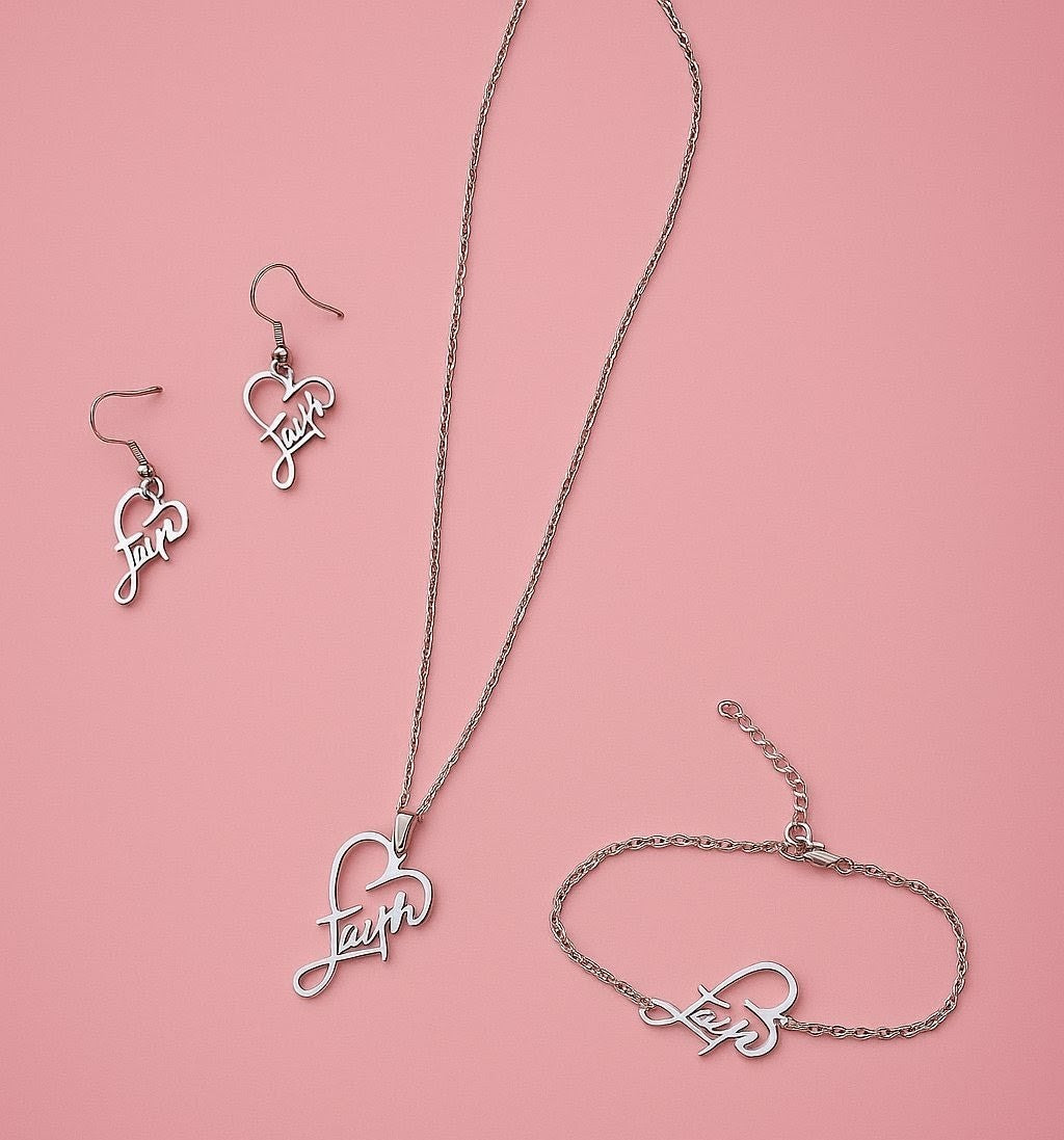 Faith Jewelry Set – Heart Pendant Necklace, Bracelet & Earrings • Stainless Steel Inspirational Gift for Women • Elegant Boutique Keepsake