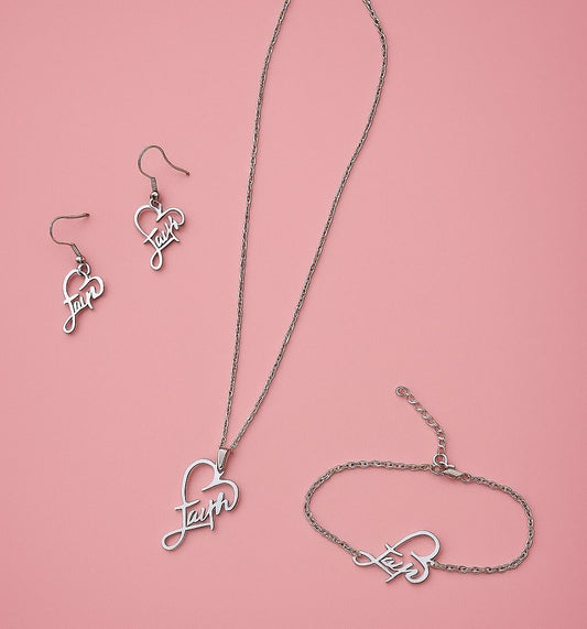 Faith Jewelry Set – Heart Pendant Necklace, Bracelet & Earrings • Stainless Steel Inspirational Gift for Women • Elegant Boutique Keepsake