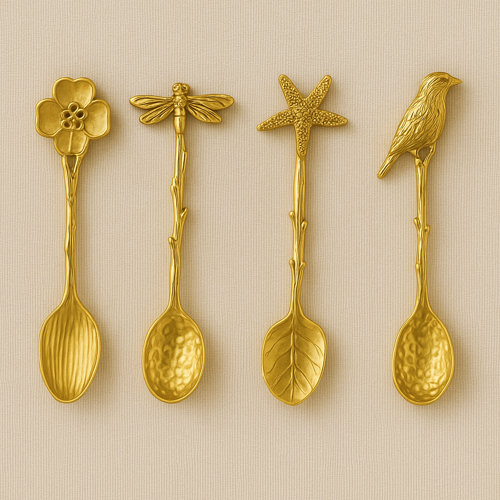 Golden Nature Spoon Set – 4 Collectible Mini Gold Coffee & Tea Spoons, Bird Dragonfly Starfish Flower Design, Gift Boxed