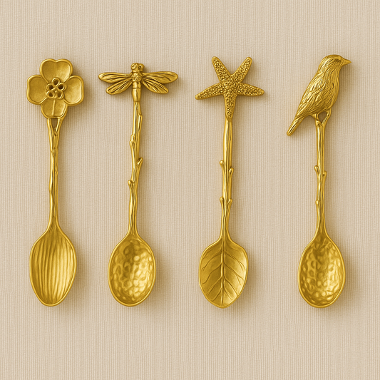 Golden Nature Spoon Set – 4 Collectible Mini Gold Coffee & Tea Spoons, Bird Dragonfly Starfish Flower Design, Gift Boxed