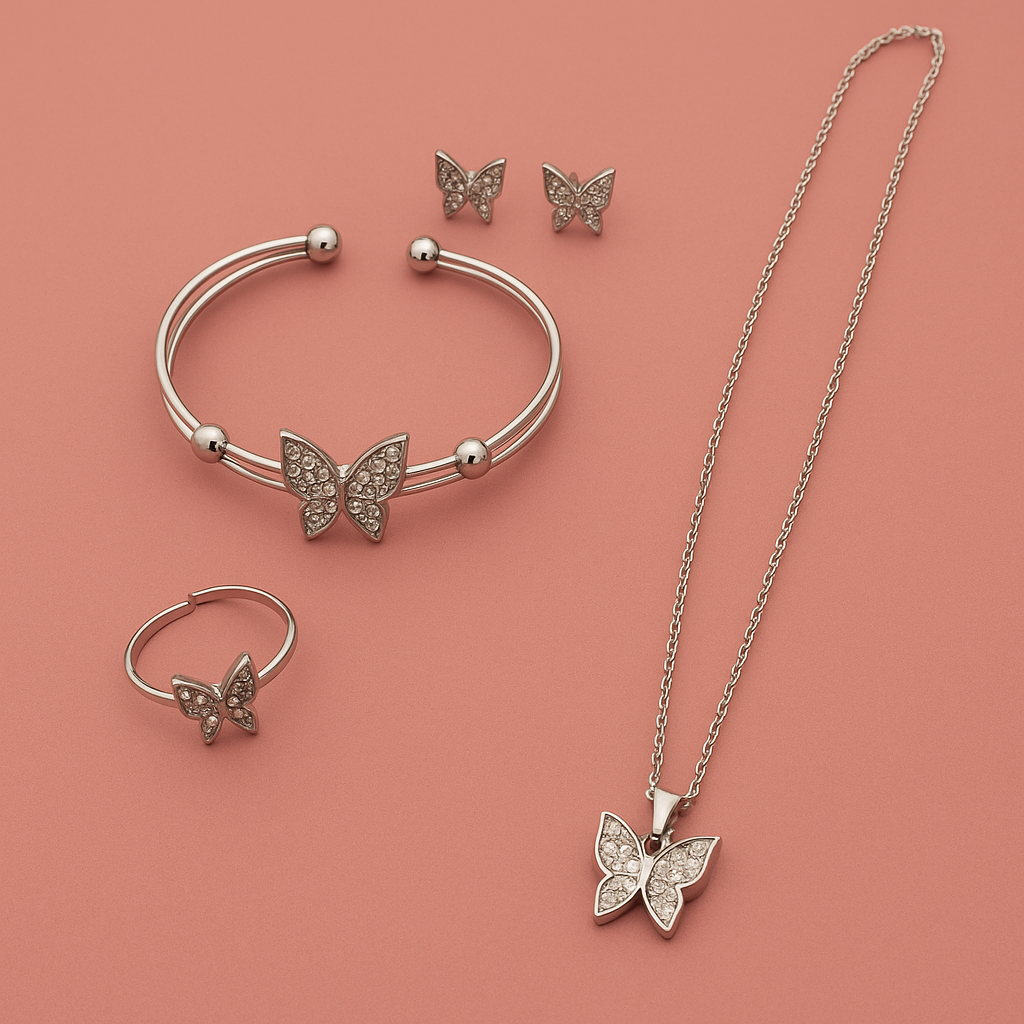 Butterfly Moissanite Jewelry Set – Sterling Silver Necklace, Bracelet, Earrings & Ring • Adjustable Gift for Women • Symbol of Transformation
