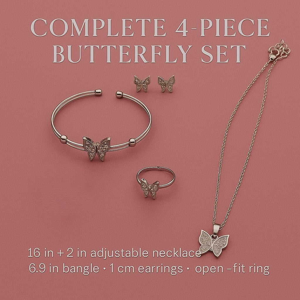 Butterfly Moissanite Jewelry Set – Sterling Silver Necklace, Bracelet, Earrings & Ring • Adjustable Gift for Women • Symbol of Transformation