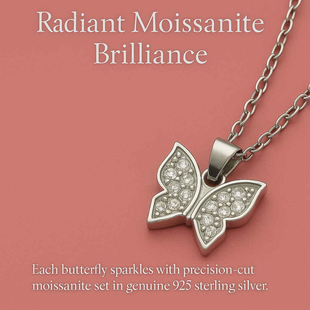 Butterfly Moissanite Jewelry Set – Sterling Silver Necklace, Bracelet, Earrings & Ring • Adjustable Gift for Women • Symbol of Transformation