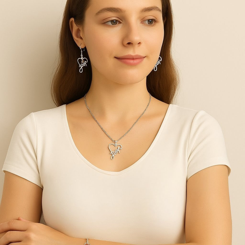 Faith Jewelry Set – Heart Pendant Necklace, Bracelet & Earrings • Stainless Steel Inspirational Gift for Women • Elegant Boutique Keepsake