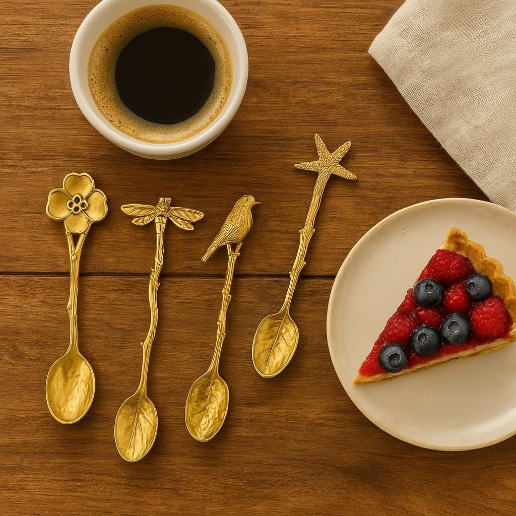 Golden Nature Spoon Set – 4 Collectible Mini Gold Coffee & Tea Spoons, Bird Dragonfly Starfish Flower Design, Gift Boxed